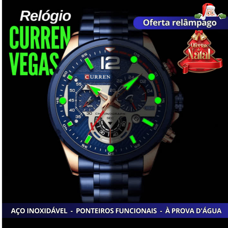 [SÓ HOJE] Relógio CURREN VEGAS - À prova d'agua - Garantia de 1 Ano - 70% OFF + Carteira de Brinde!