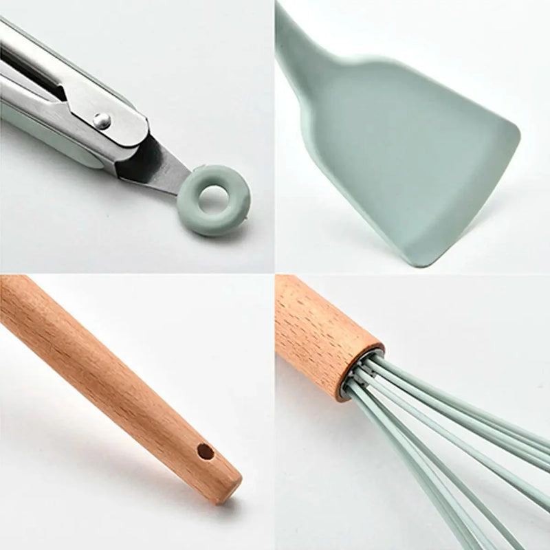 Kit Utensílios de Silicone para Cozinha 12 Peças Cabo Madeira