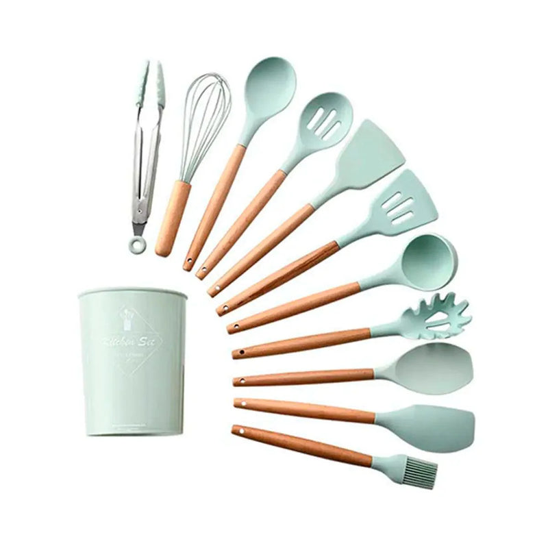 Kit Utensílios de Silicone para Cozinha 12 Peças Cabo Madeira